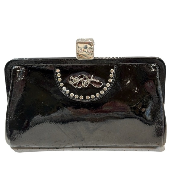 Vintage Betsey Johnson Black Patent Leather‎ Crystal DICE Clasp Clutch Purse